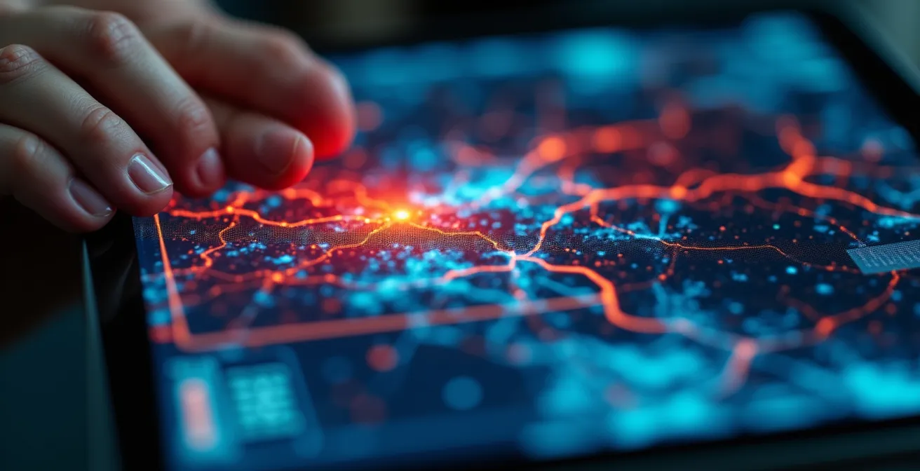 Gros plan sur une tablette tactique affichant des données GPS de course d'un joueur de football