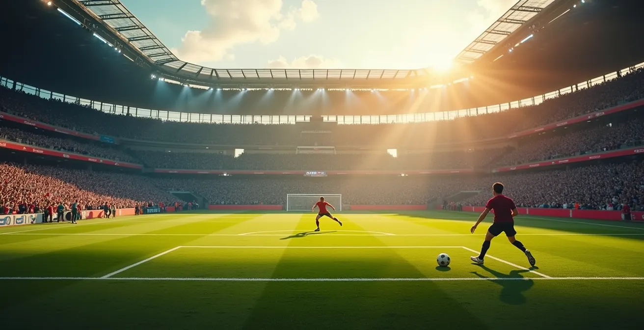 Vue large d'un stade de football français avec un joueur préparant une frappe de loin