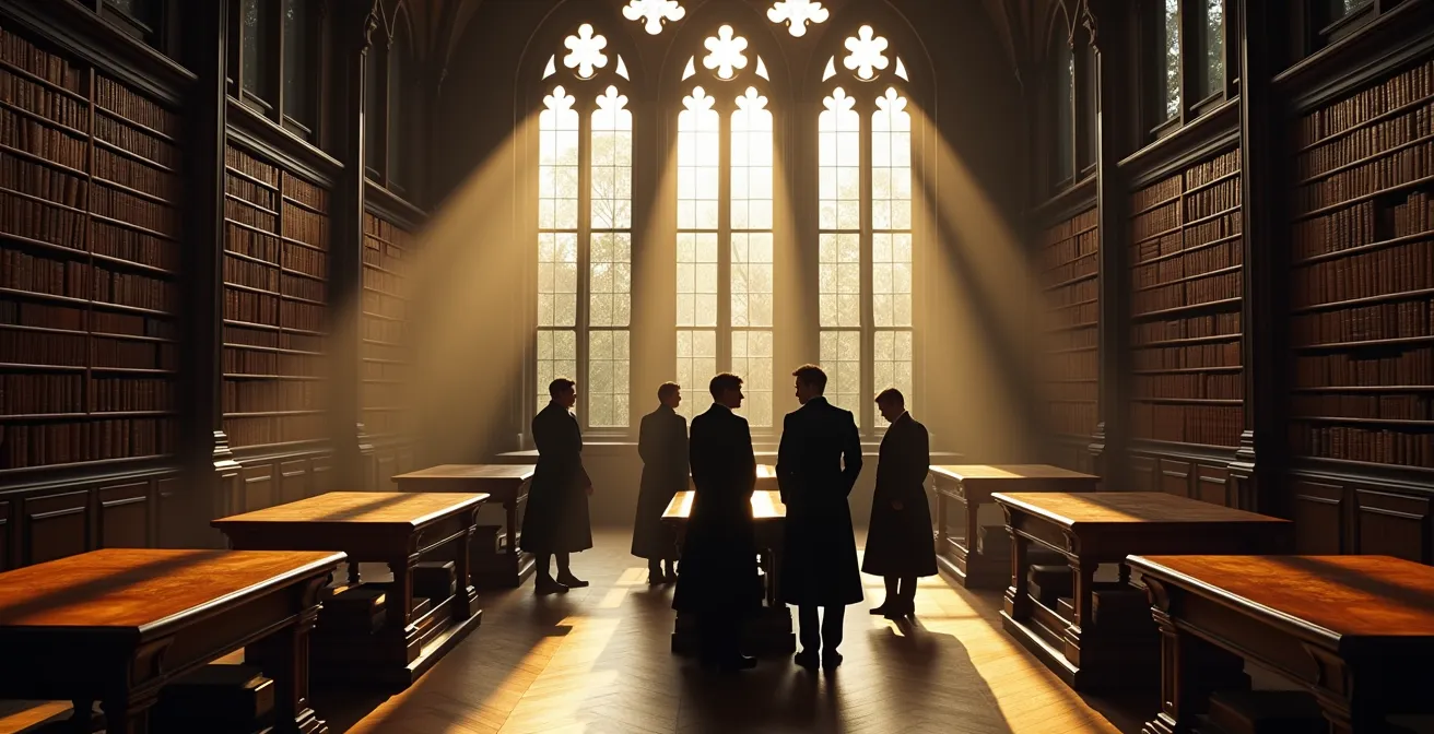 Reconstitution historique d'une réunion d'étudiants victoriens dans une bibliothèque universitaire de Cambridge