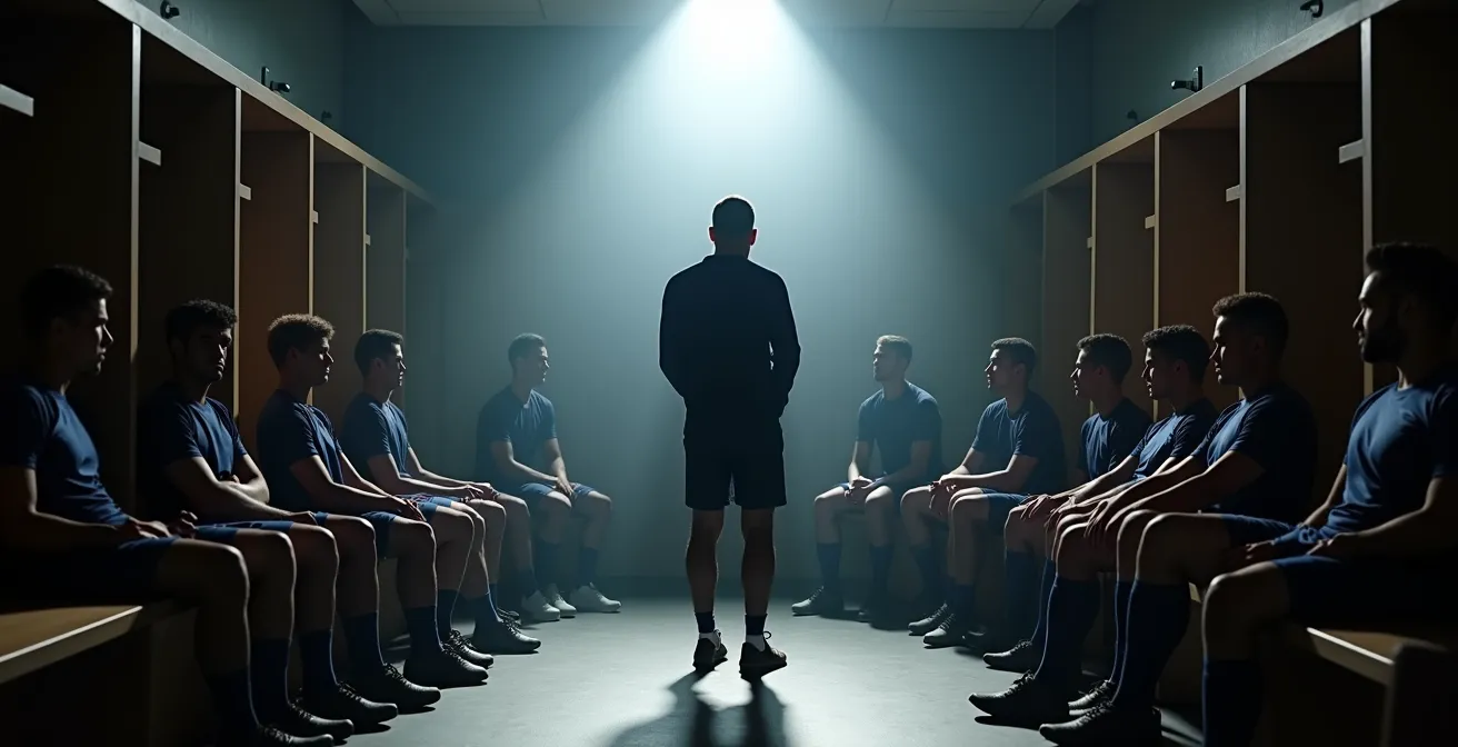 Vue grand angle d'un vestiaire moderne avec un entraîneur s'adressant à de jeunes joueurs assis en demi-cercle