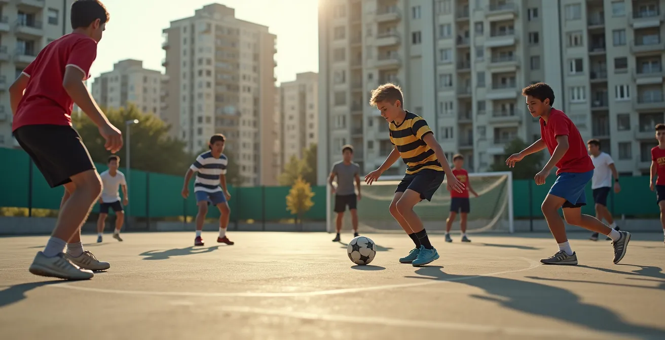 Terrain de football urbain en banlieue française avec jeunes joueurs de diverses origines