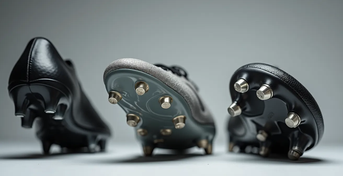 Gros plan comparatif de trois semelles de crampons football montrant les différences FG, SG et AG