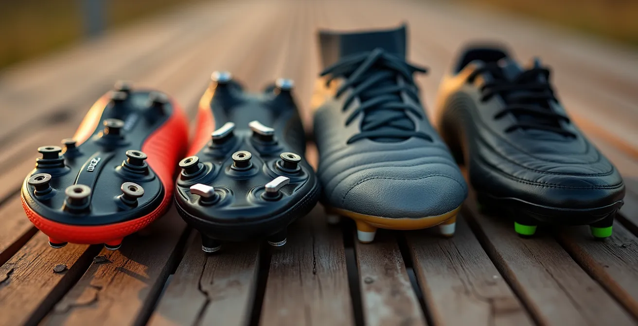 Comparaison détaillée de différents types de semelles de crampons de football sur une surface en bois