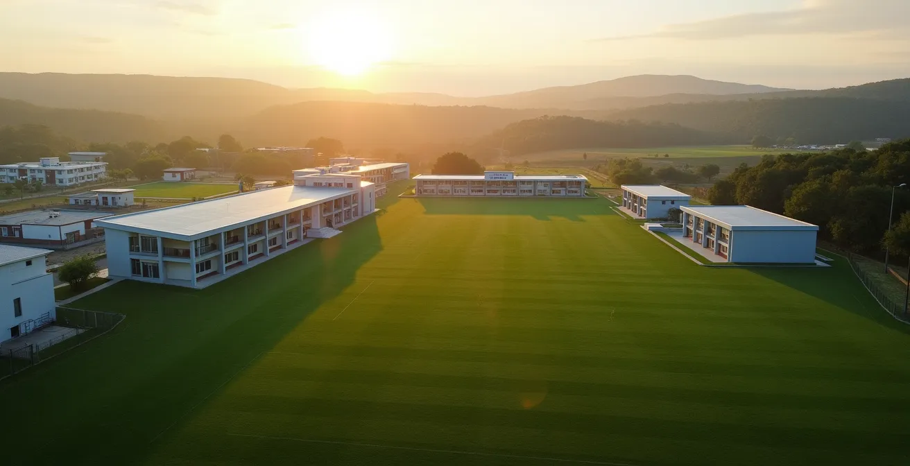 Vue aérienne d'un centre de formation montrant les infrastructures sportives et scolaires