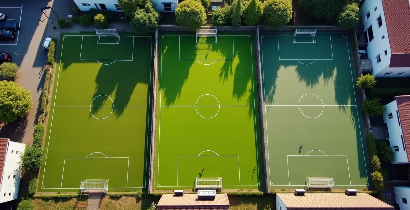 Vue aérienne comparative de trois types de terrains de football amateur : un grand terrain en herbe, un terrain synthétique pour le foot à 7 et un terrain grillagé pour le foot à 5.