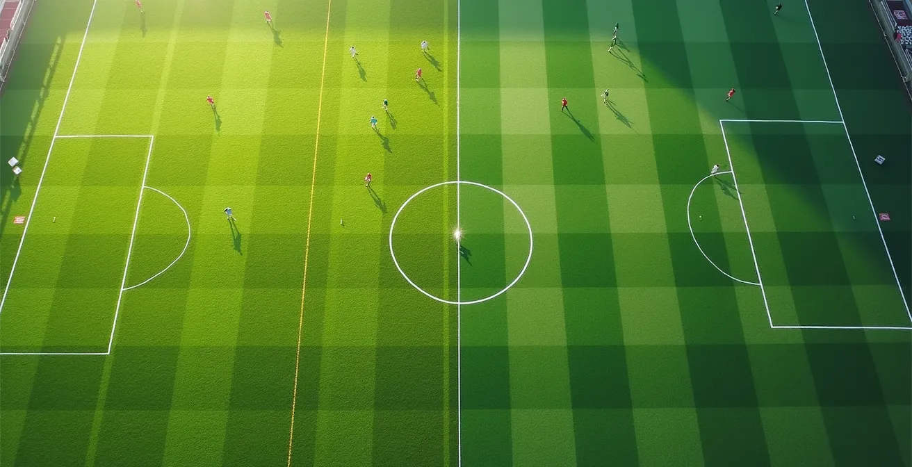 Comparaison visuelle entre un terrain de foot à 5 et un terrain professionnel à 11