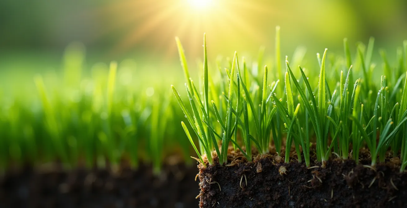 Gros plan sur les fibres d'une pelouse hybride montrant l'entrelacement du gazon naturel et des fibres synthétiques