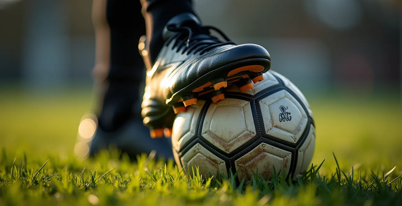 Vue macro d'un pied contrôlant parfaitement le ballon montrant la précision technique