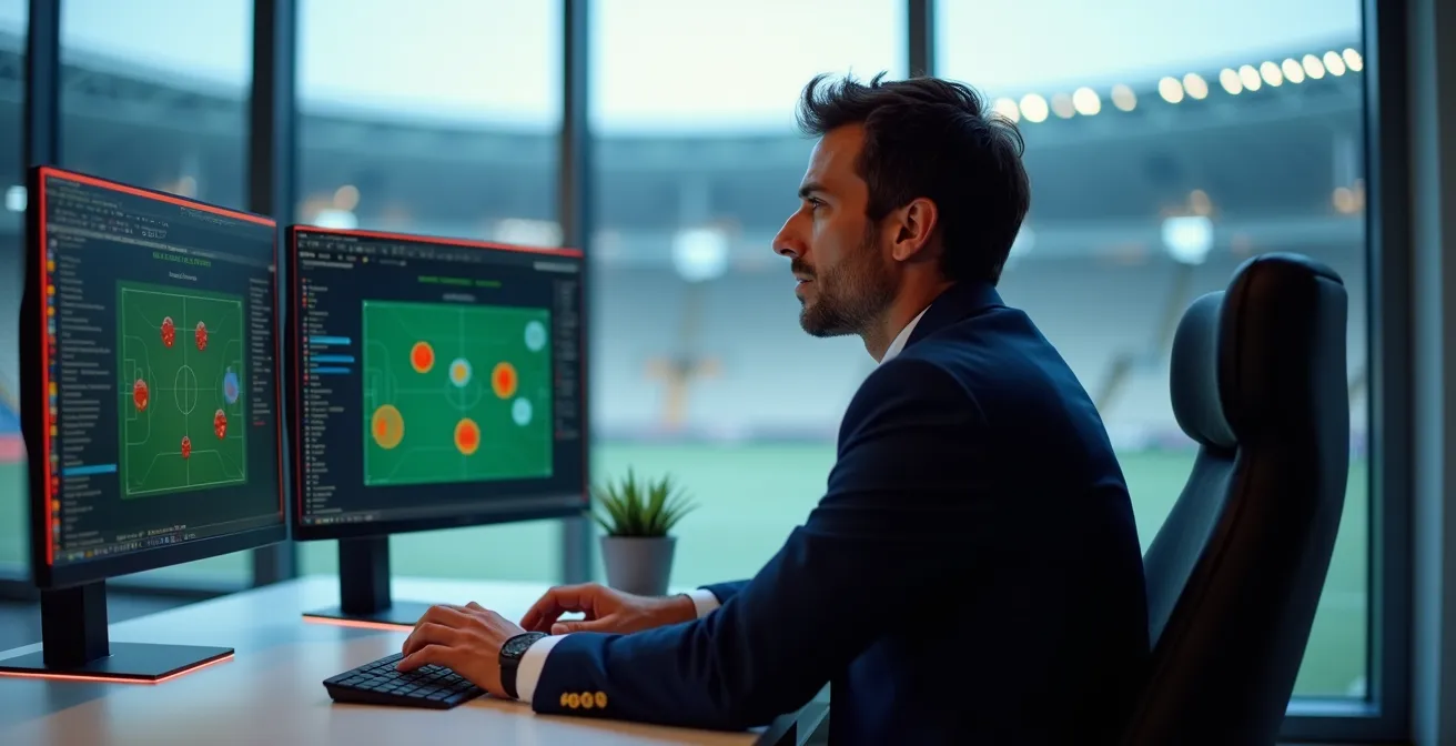Un directeur sportif analysant des données de joueurs dans son bureau