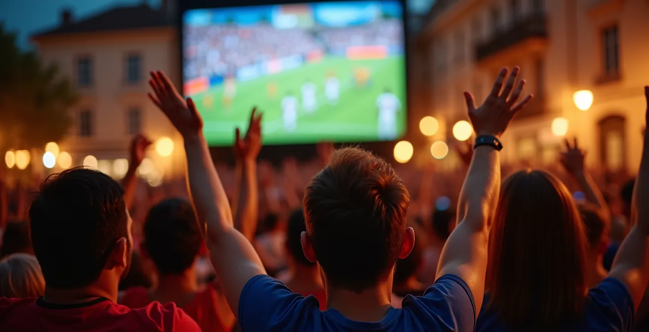 Rassemblement massif de supporters français devant un écran géant dans une ville de province lors d'une finale de Coupe du Monde