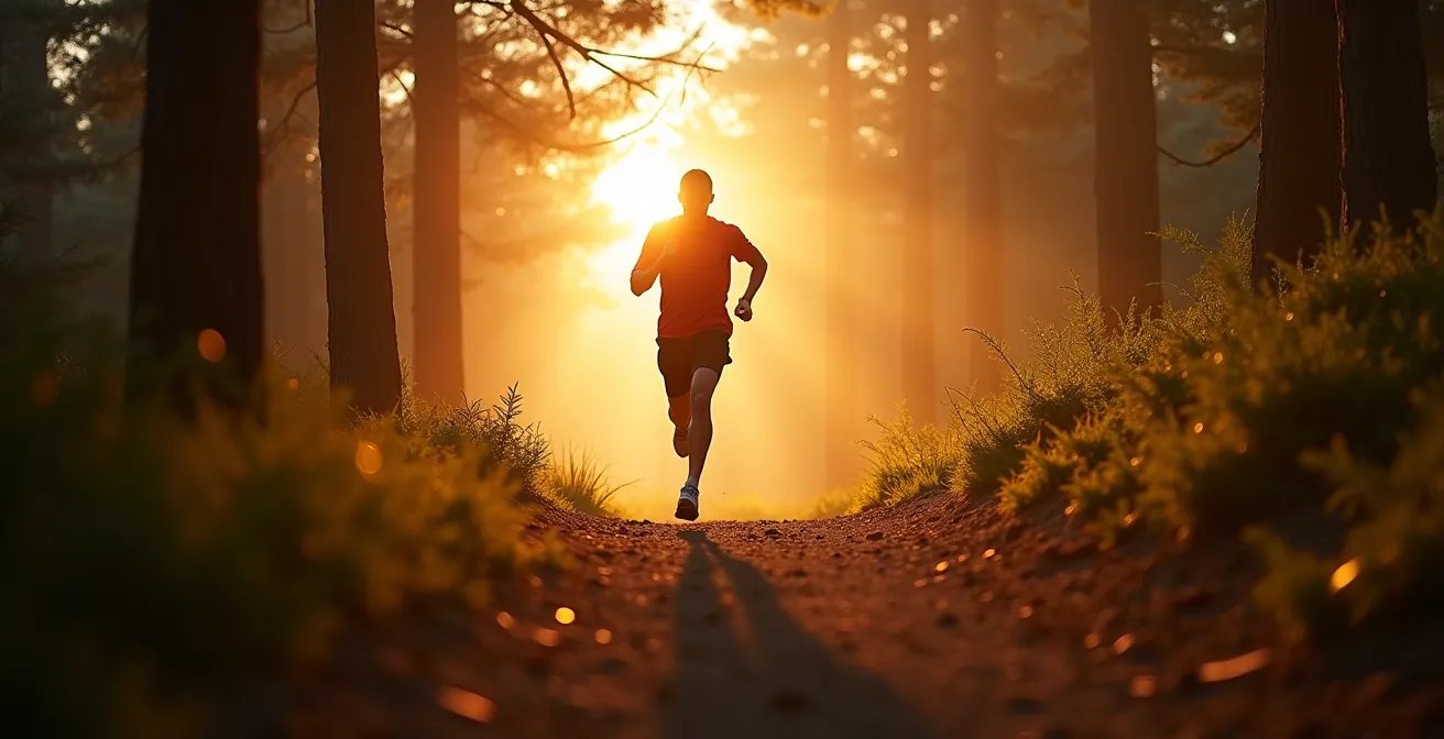 Joueur effectuant des sprints entre les arbres d'un parcours de santé au lever du soleil