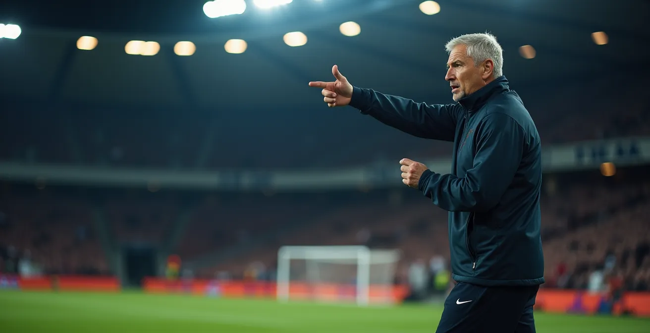 Entraîneur donnant des instructions tactiques depuis sa zone technique pendant un match