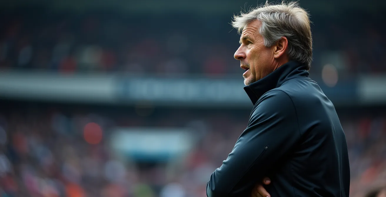 Entraîneur de Ligue 1 dans sa zone technique donnant des instructions tactiques pendant un match