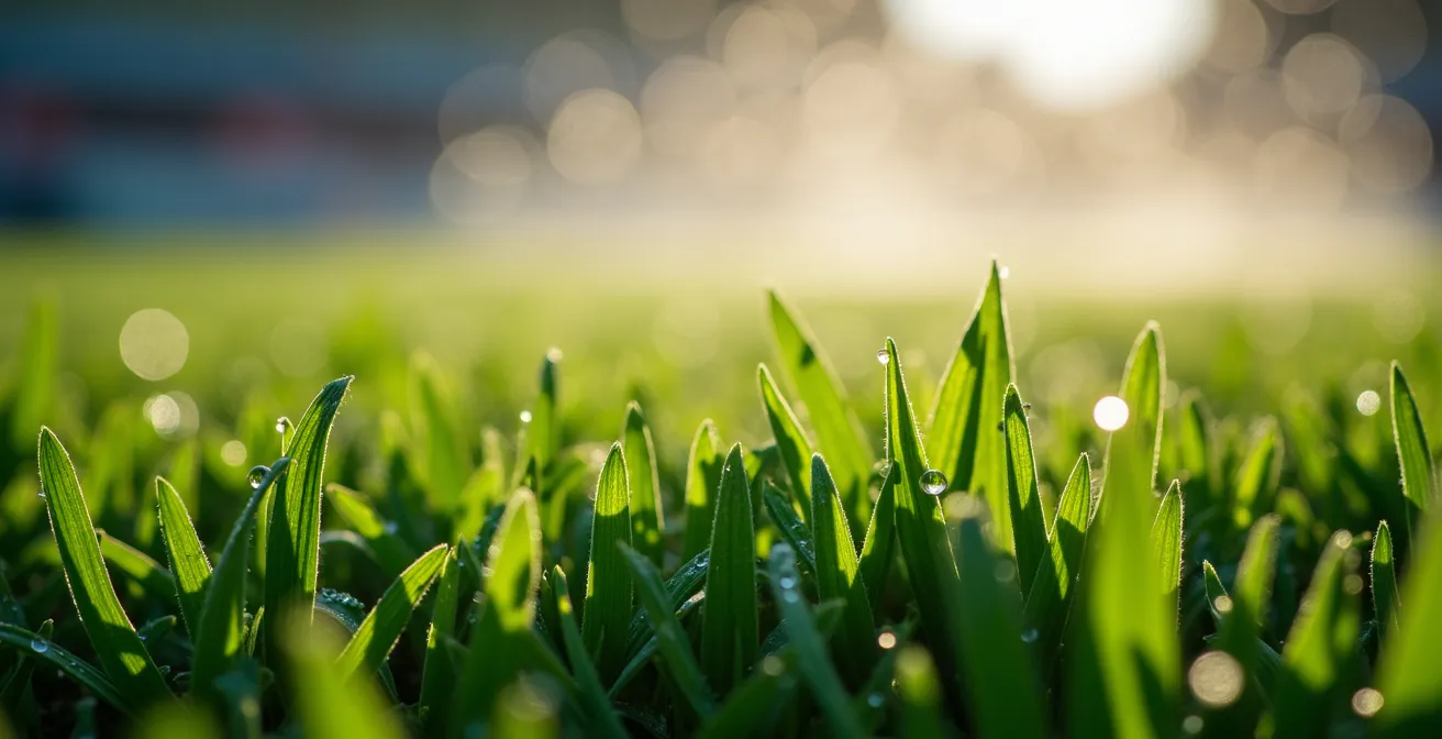 Gros plan sur l'herbe parfaitement entretenue d'un stade avec système d'arrosage en action