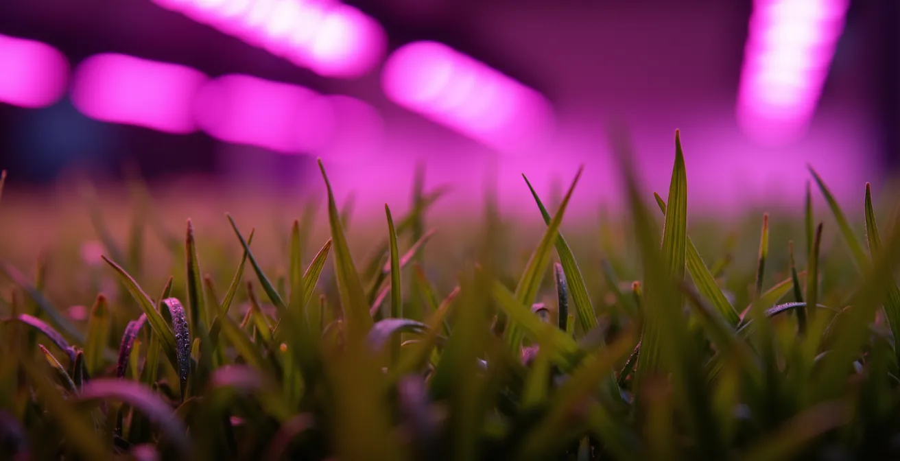 Rampes de luminothérapie installées sur une pelouse de stade de football pour stimuler la croissance du gazon