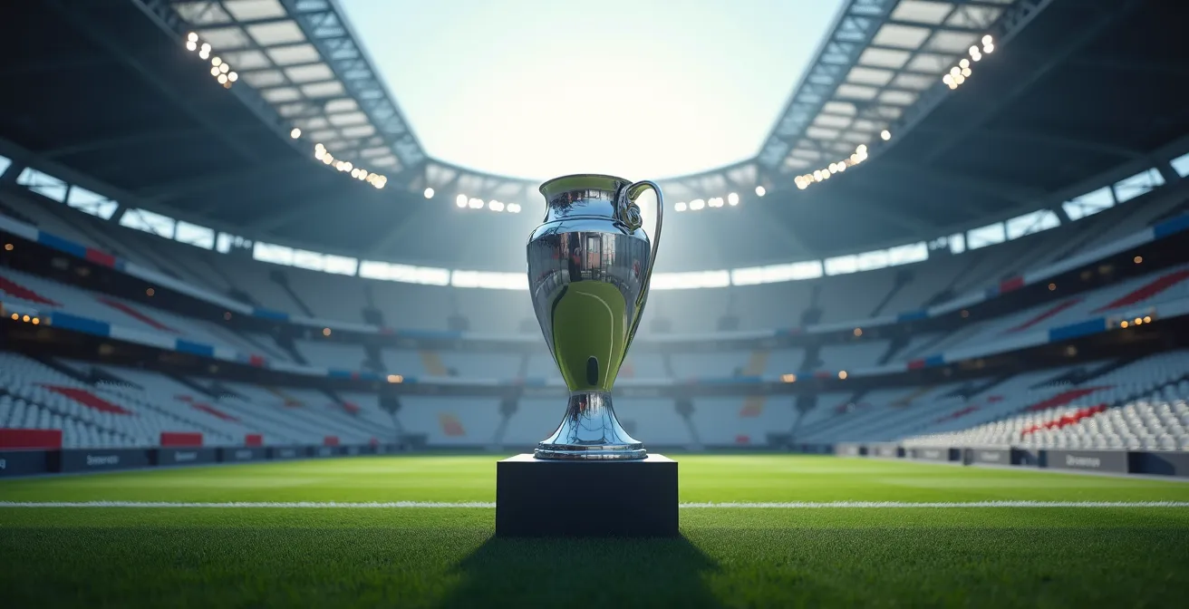 Trophée européen stylisé au centre d'un stade moderne avec lumière dramatique et drapeaux européens flottant en arrière-plan
