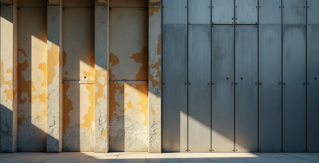 Comparaison visuelle entre un panneau de stade traditionnel et moderne avec des éléments architecturaux symbolisant le changement d'identité