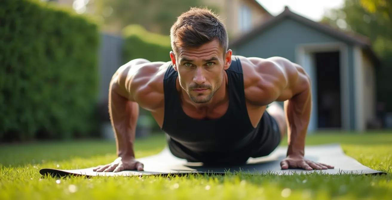Footballeur amateur effectuant des exercices de gainage dans son jardin