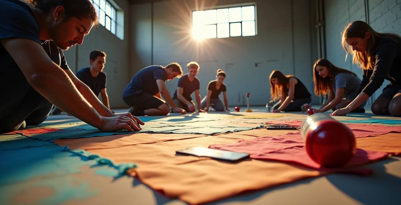 Supporters travaillant ensemble sur la création d'un tifo dans un local