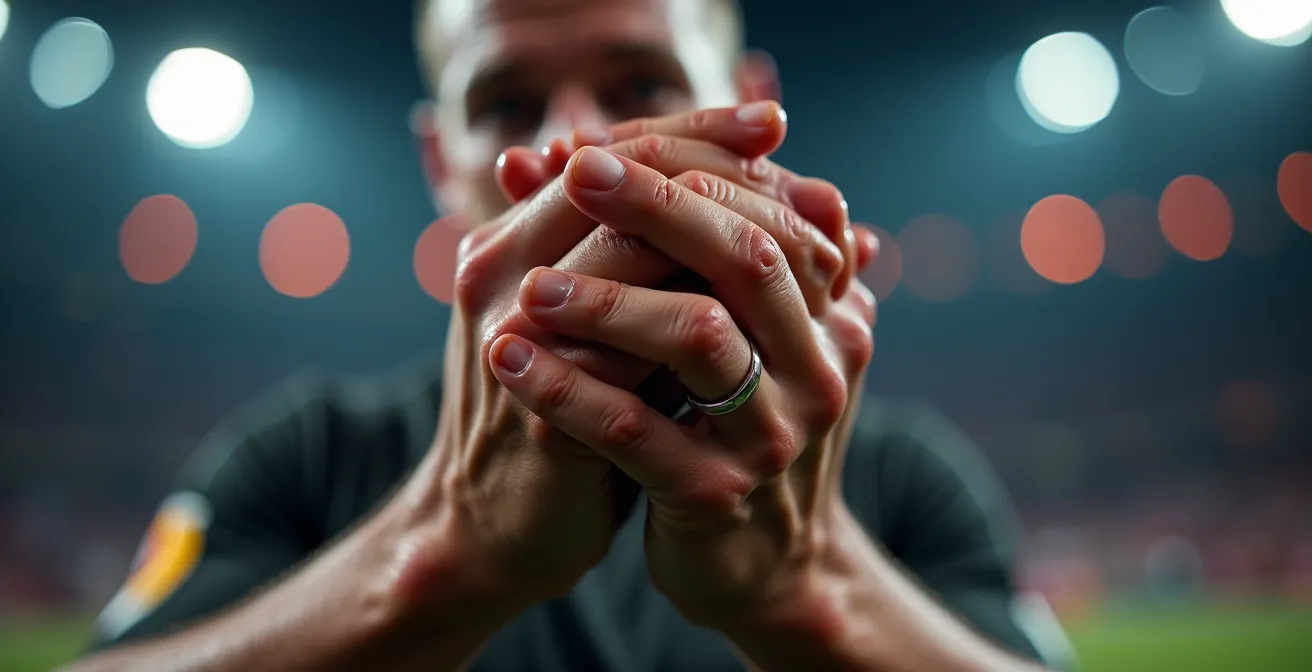 Gros plan sur les mains d'un footballeur tapant l'une contre l'autre pour se reconcentrer