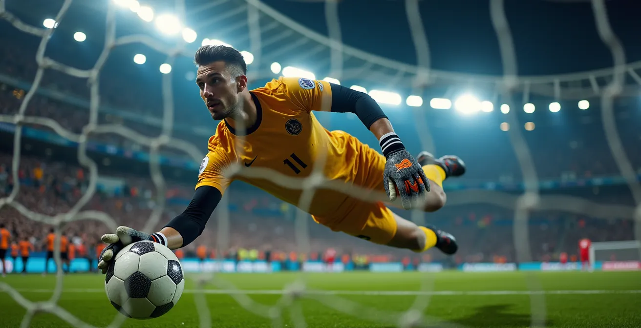 Gardien de but en pleine extension lors d'un arrêt décisif