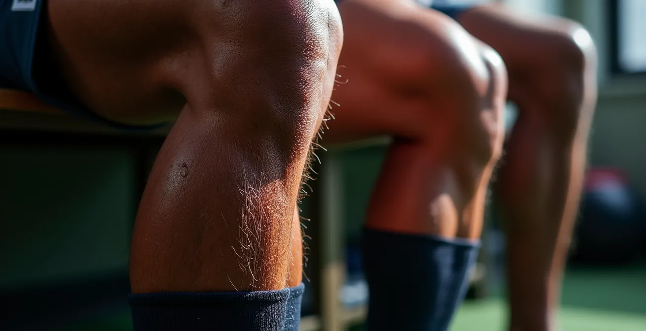 Gros plan macro sur les muscles d'un joueur de football français pendant la récupération