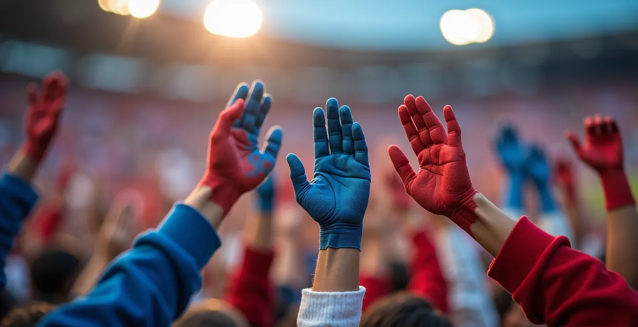 Vue macro détaillée des mains de supporters créant une mosaïque de couleurs dans un virage de stade français