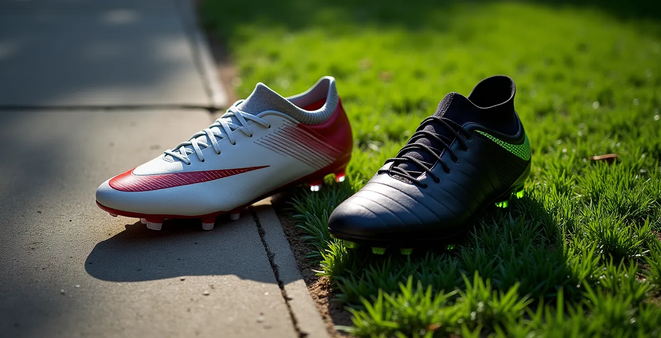 Comparaison visuelle de crampons football entrée de gamme versus haut de gamme