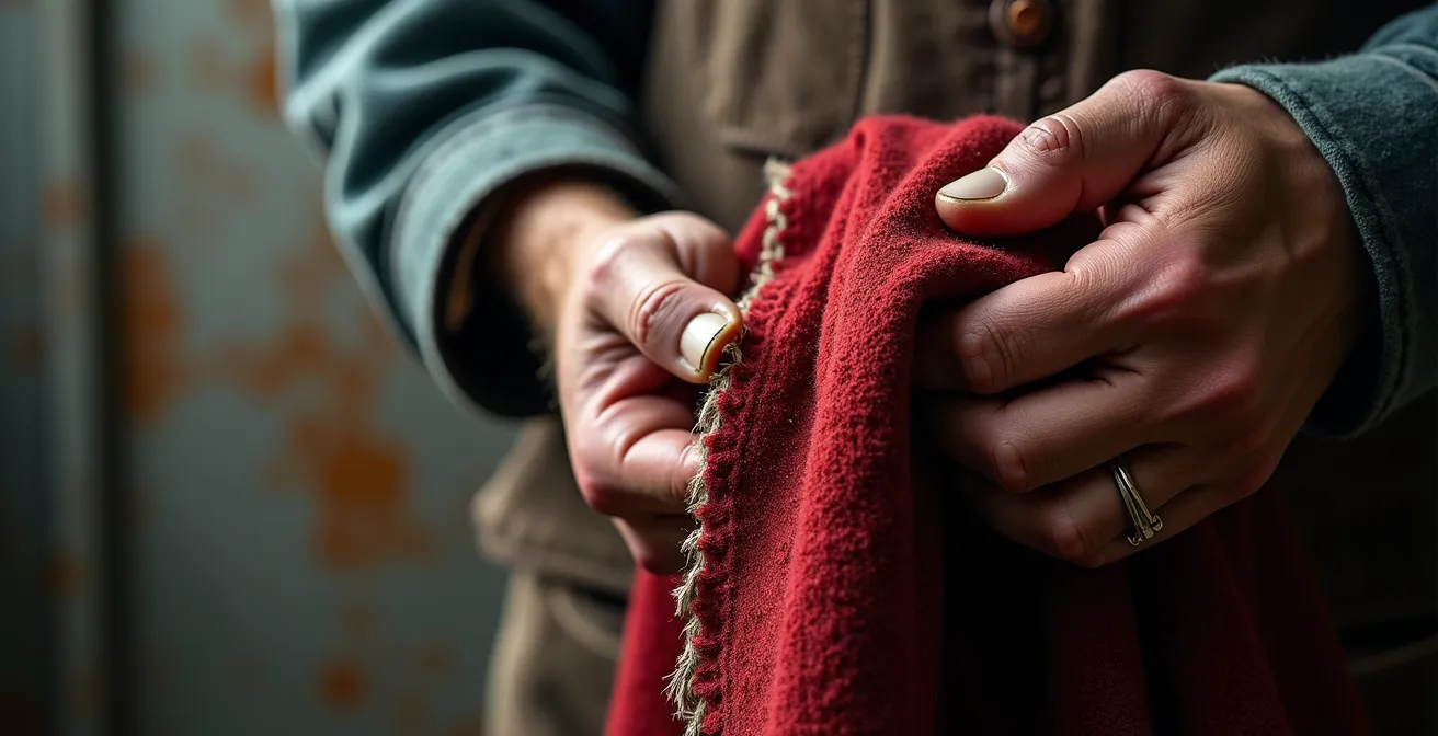 Détail macro de mains ouvrières tenant une écharpe de football usée avec textures industrielles