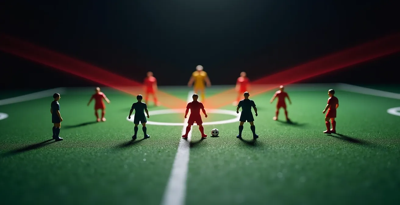 Illustration du système de détection du hors-jeu avec des lignes virtuelles de la VAR sur un terrain de football.