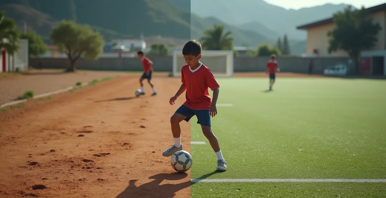 Jeune joueur en formation dans un centre d'entraînement avec perspective comparative entre systèmes argentin et français