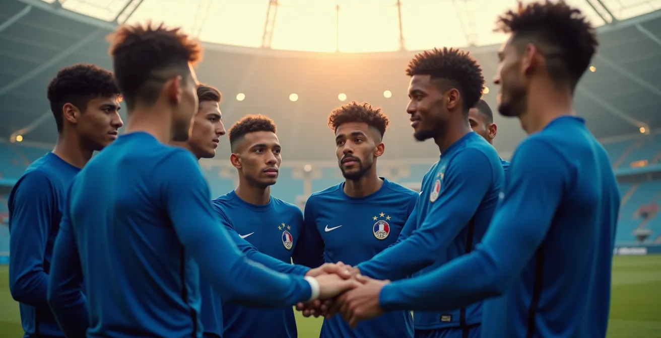 Jeunes footballeurs français en cercle avant un match, stade olympique en arrière-plan avec anneaux olympiques stylisés