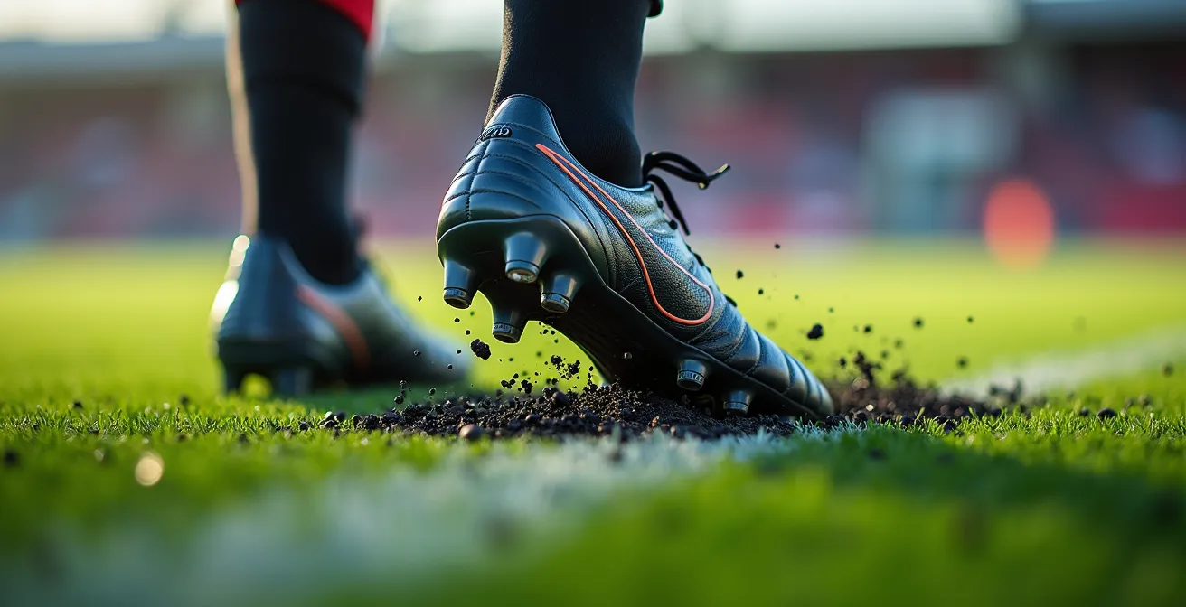 Gros plan sur les crampons d'un joueur en action sur terrain synthétique