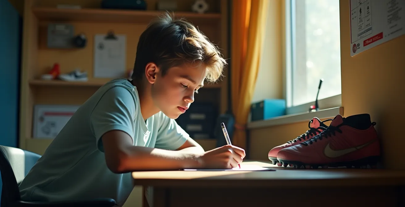 Portrait d'un jeune footballeur concentré dans sa chambre d'internat avec ses affaires d'entraînement et ses cahiers scolaires