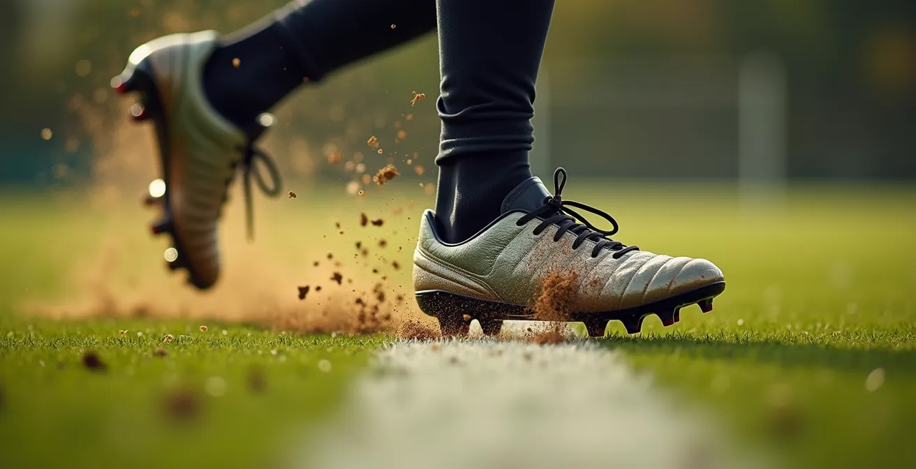 Gros plan sur les crampons d'un latéral sprintant sur le côté d'un terrain de football