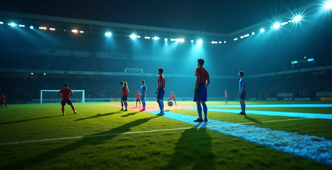 Analyse VAR du hors-jeu avec lignes bleues et rouges sur le terrain