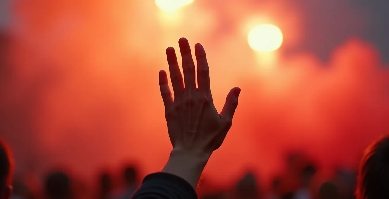 Main ouverte tendue vers l'avant dans un geste d'arrêt, fumigène flou en arrière-plan