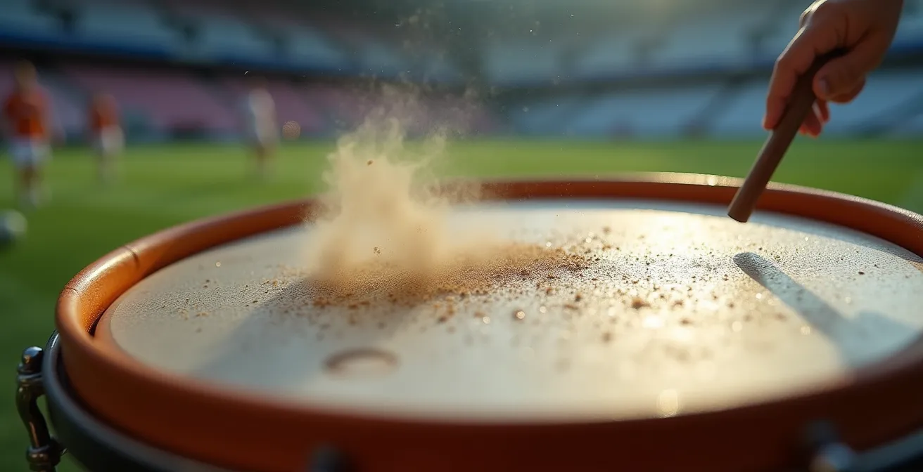 Vue macro d'une peau de tambour de supporter vibrant sous l'impact des baguettes