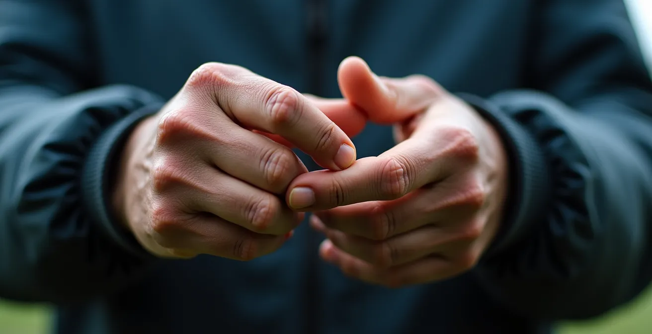 Gros plan sur les mains d'un entraîneur de football effectuant des gestes tactiques codés