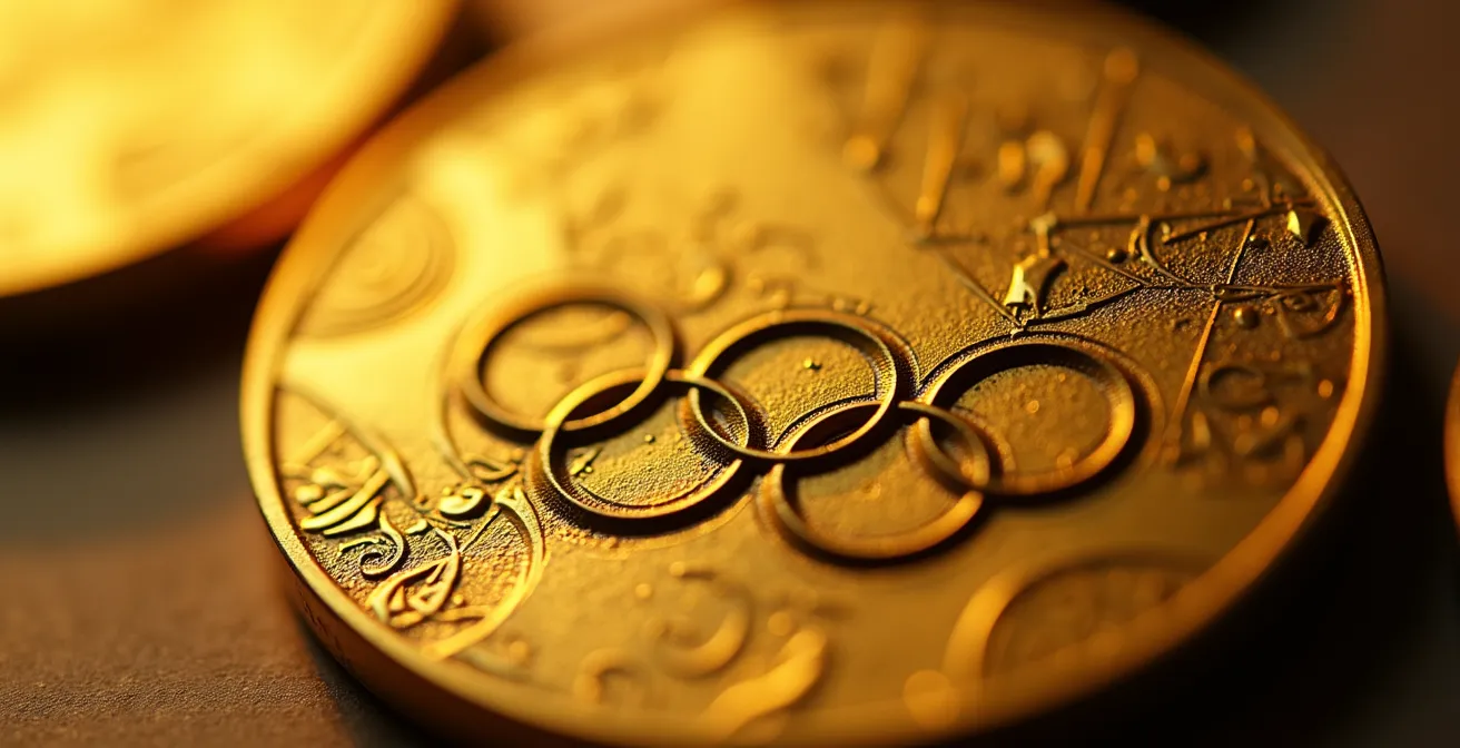 Vue macro d'une médaille d'or olympique avec détails de gravure et reflets dorés