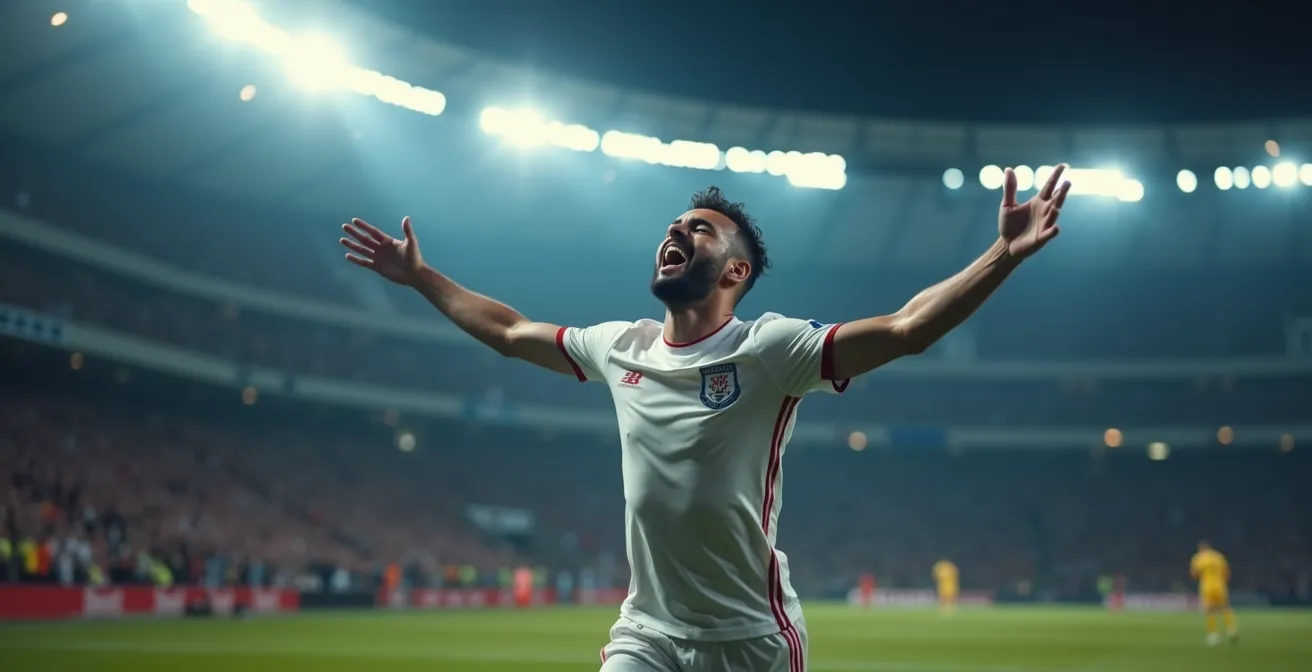 Un joueur de football célébrant seul un but historique dans un stade plein, capturé dans un moment de pure émotion