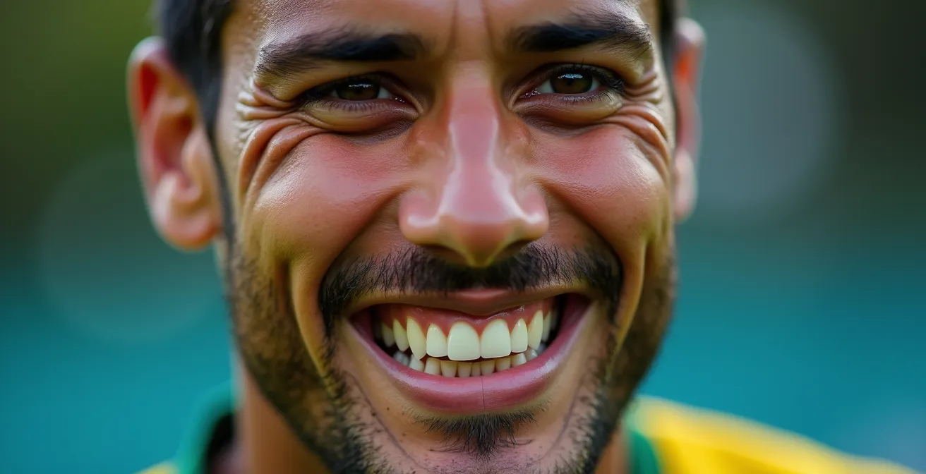 Gros plan sur le visage d'un joueur amateur souriant après un effort, transpiration et expression de joie