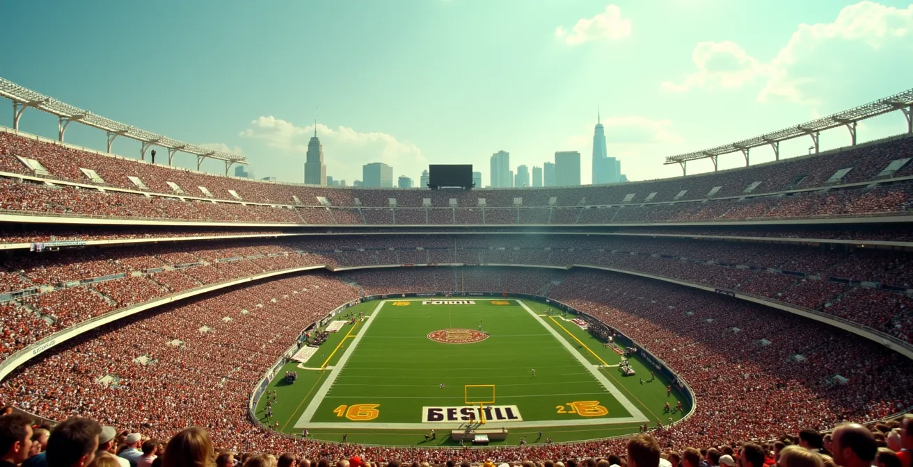 Vue aérienne d'un stade américain des années 70 avec foule en liesse