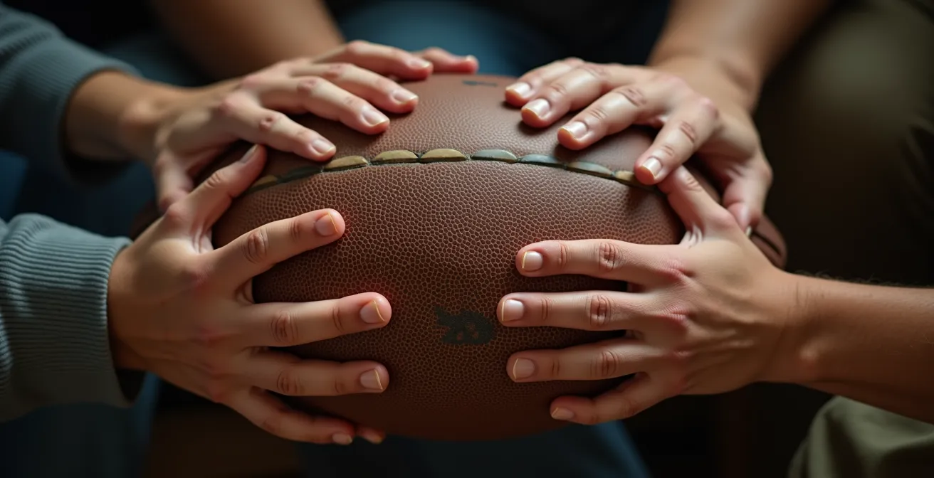 Mains de différentes générations tenant un ballon de football vintage