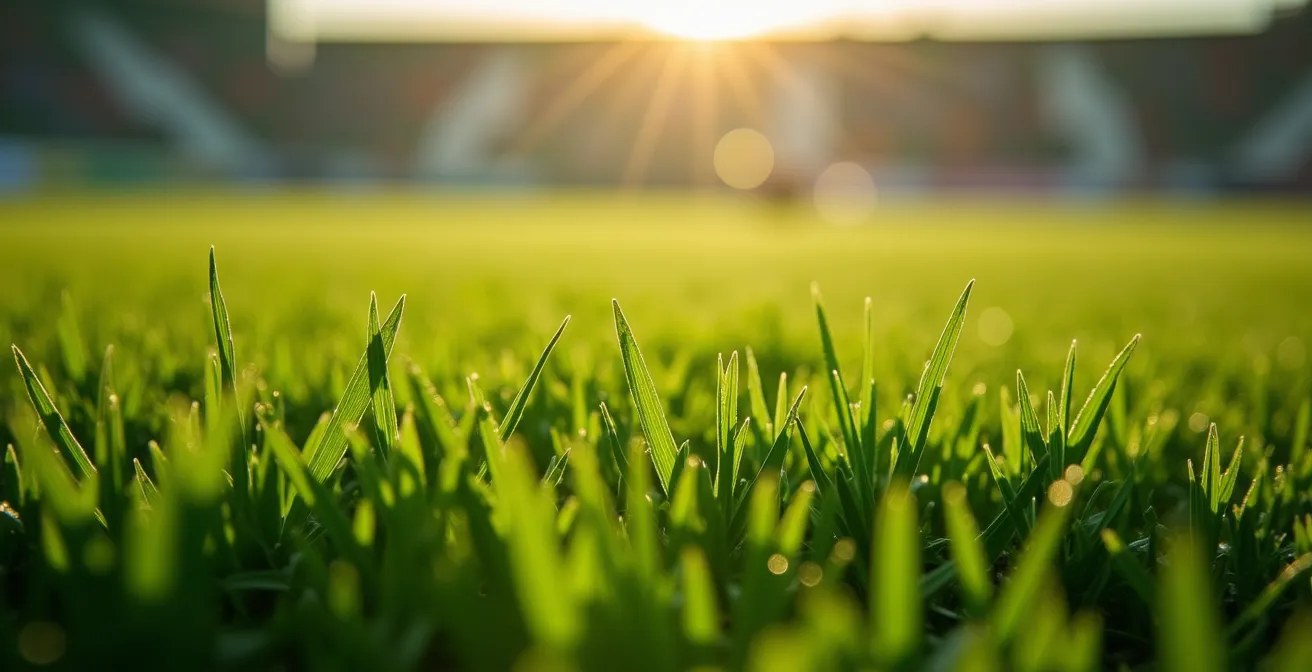 Gros plan macro sur l'herbe parfaitement tondue d'un terrain de football avec rosée matinale