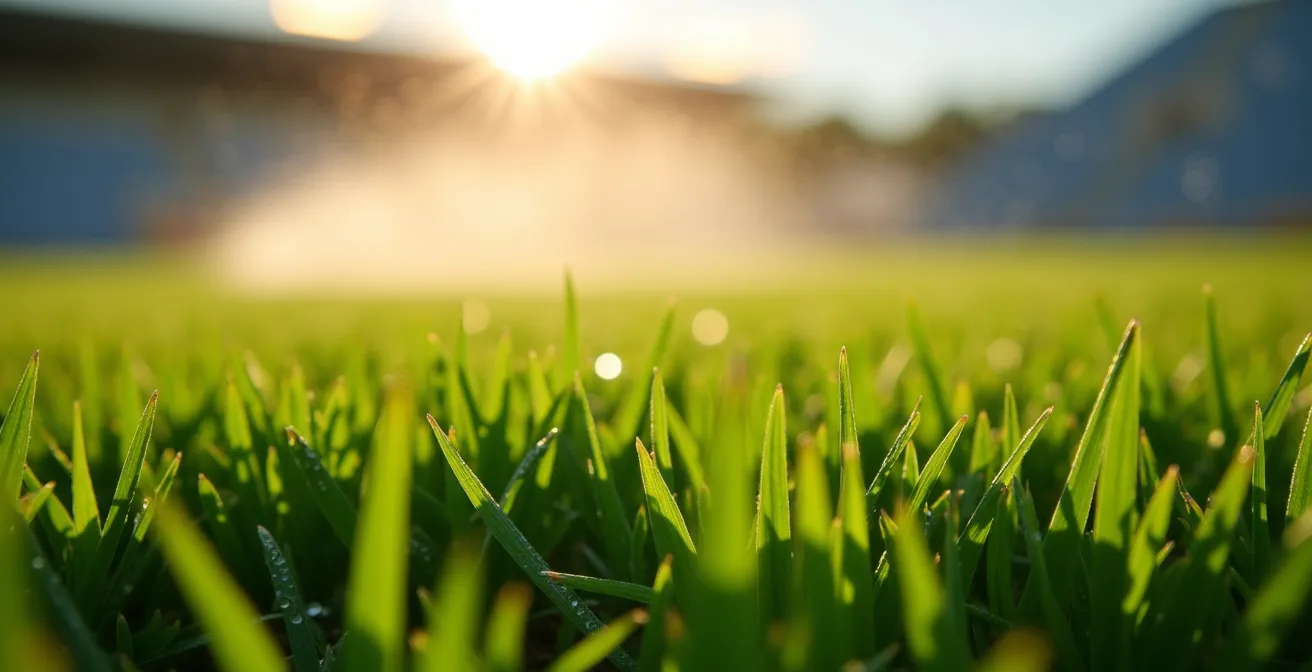 Gros plan sur la texture d'une pelouse de stade avec système d'arrosage automatique en action