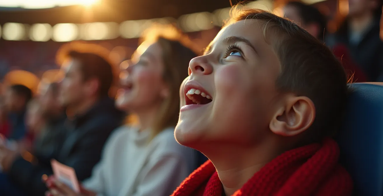 Portrait émotionnel d'un jeune supporter français vivant son premier match au stade, regard émerveillé vers le terrain