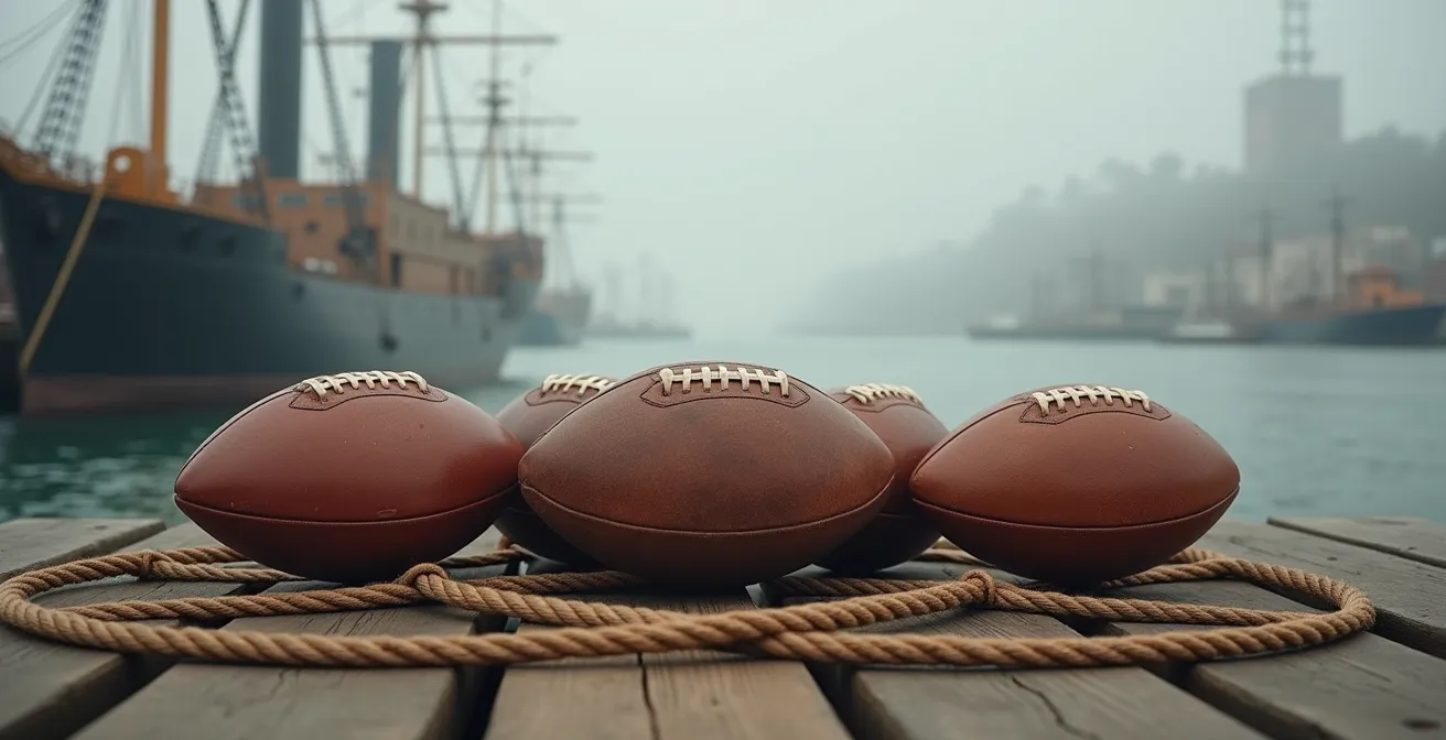 Vue atmosphérique d'un port français du 19e siècle avec les premiers joueurs de football