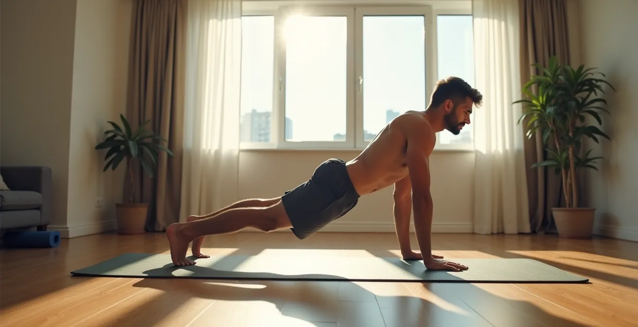 Footballeur amateur réalisant des exercices de gainage et proprioception dans son salon