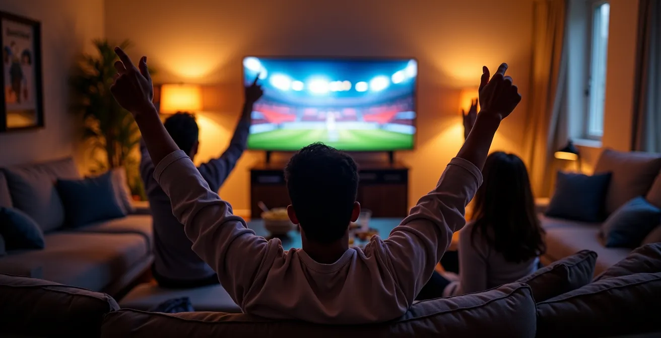 Salon moderne avec supporters regardant un match sur grand écran, ambiance festive et conviviale